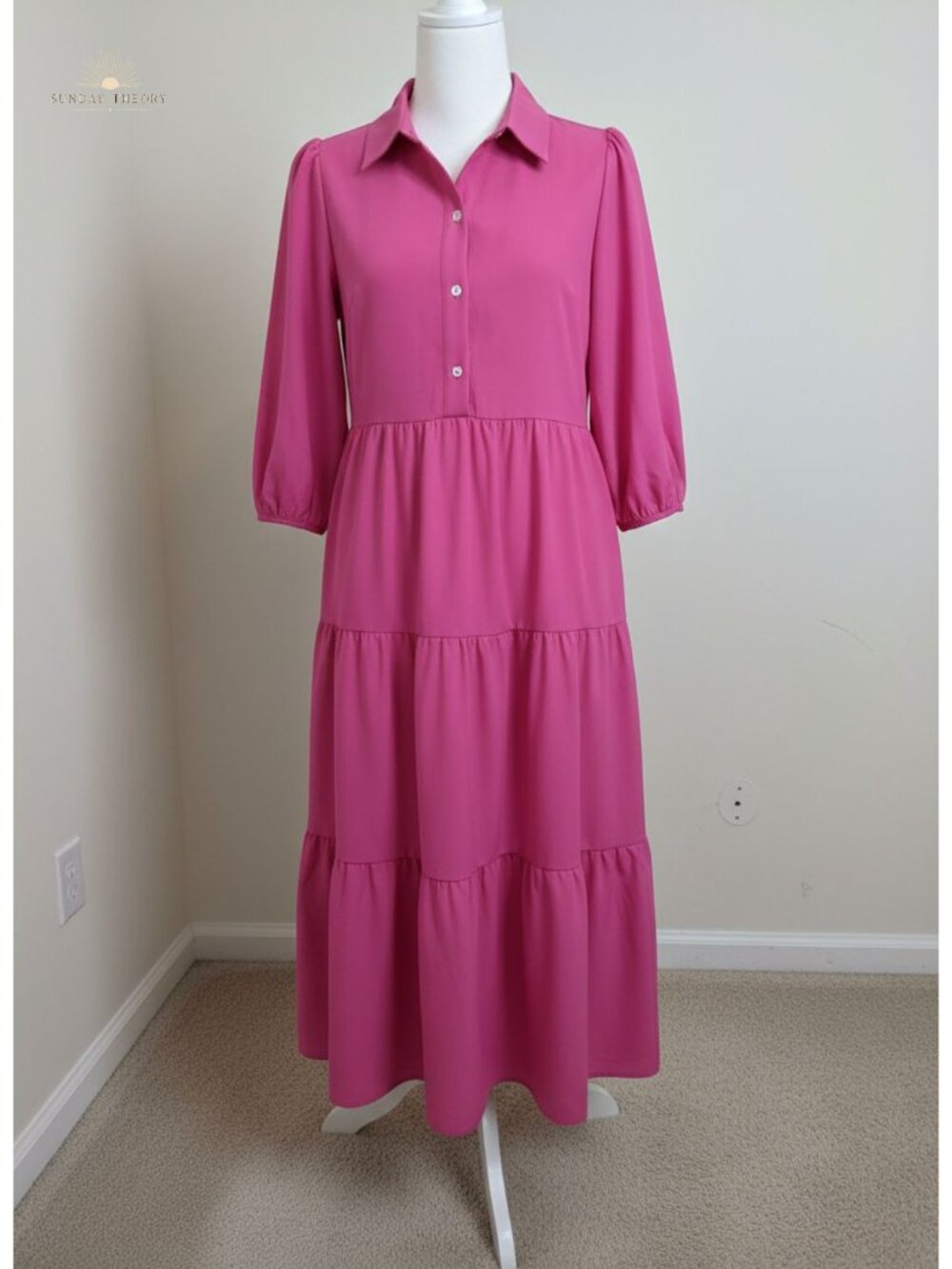 Women's Casual Button Down Shirt Dress 3/4 Sleeve Tiered Maxi Dress